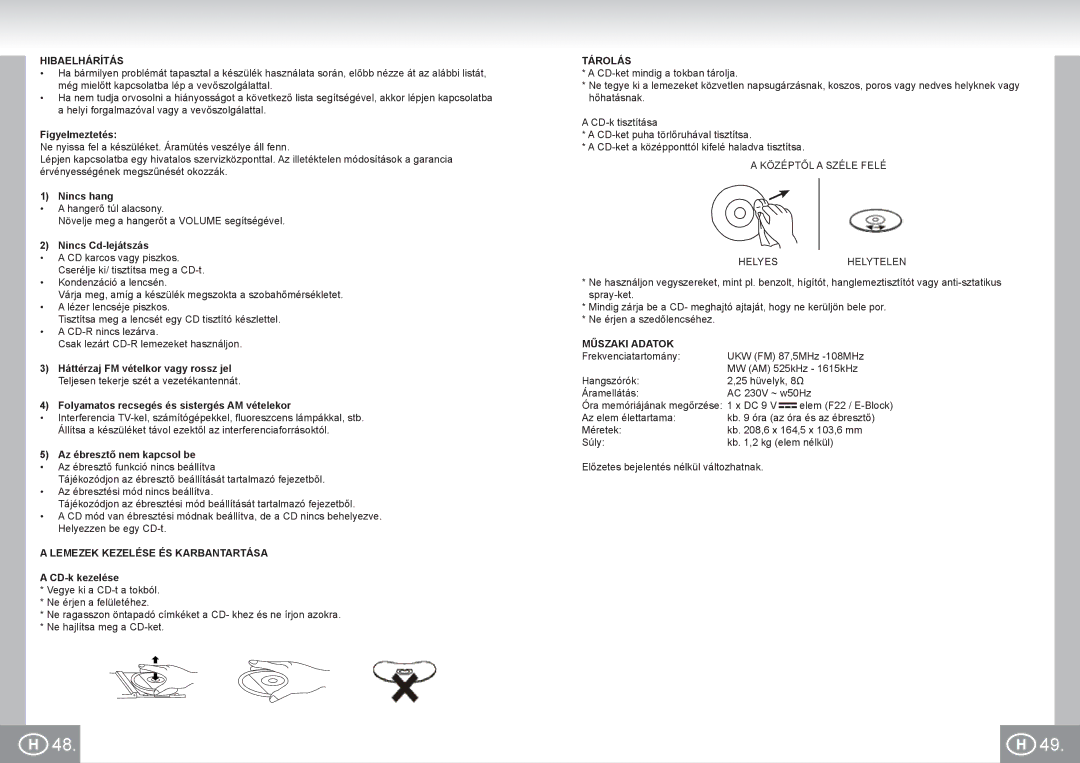 Elta 4574 manual Hibaelhárítás, Lemezek Kezelése ÉS Karbantartása, Tárolás, Műszaki Adatok 