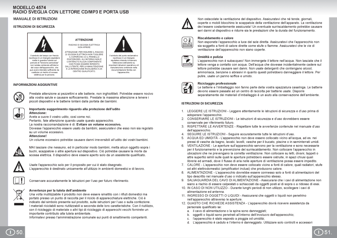 Elta 4574 manual Modello Radio Sveglia CON Lettore CD/MP3 E Porta USB, Manuale DI Istruzioni, Istruzioni DI Sicurezza 