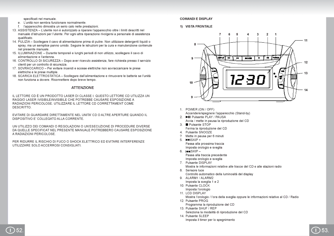 Elta 4574 manual Attenzione, Comandi E Display 1 Vista Frontale 