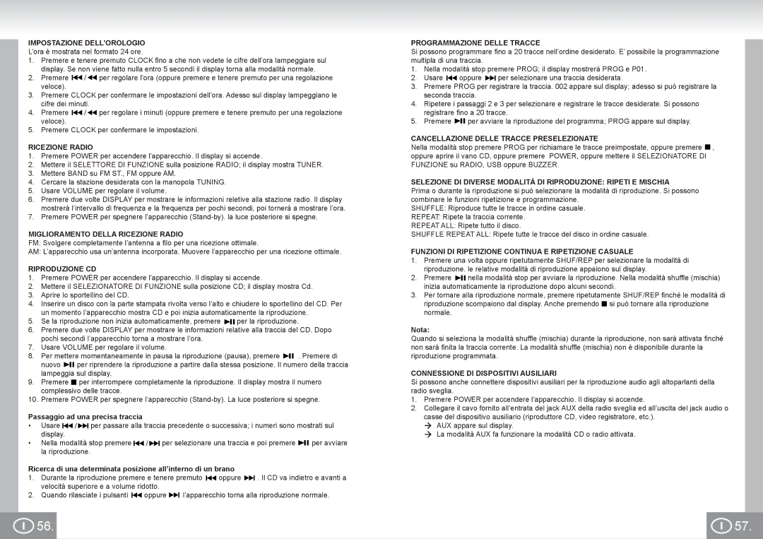 Elta 4574 manual Impostazione DELL’OROLOGIO, Miglioramento Della Ricezione Radio, Riproduzione CD 