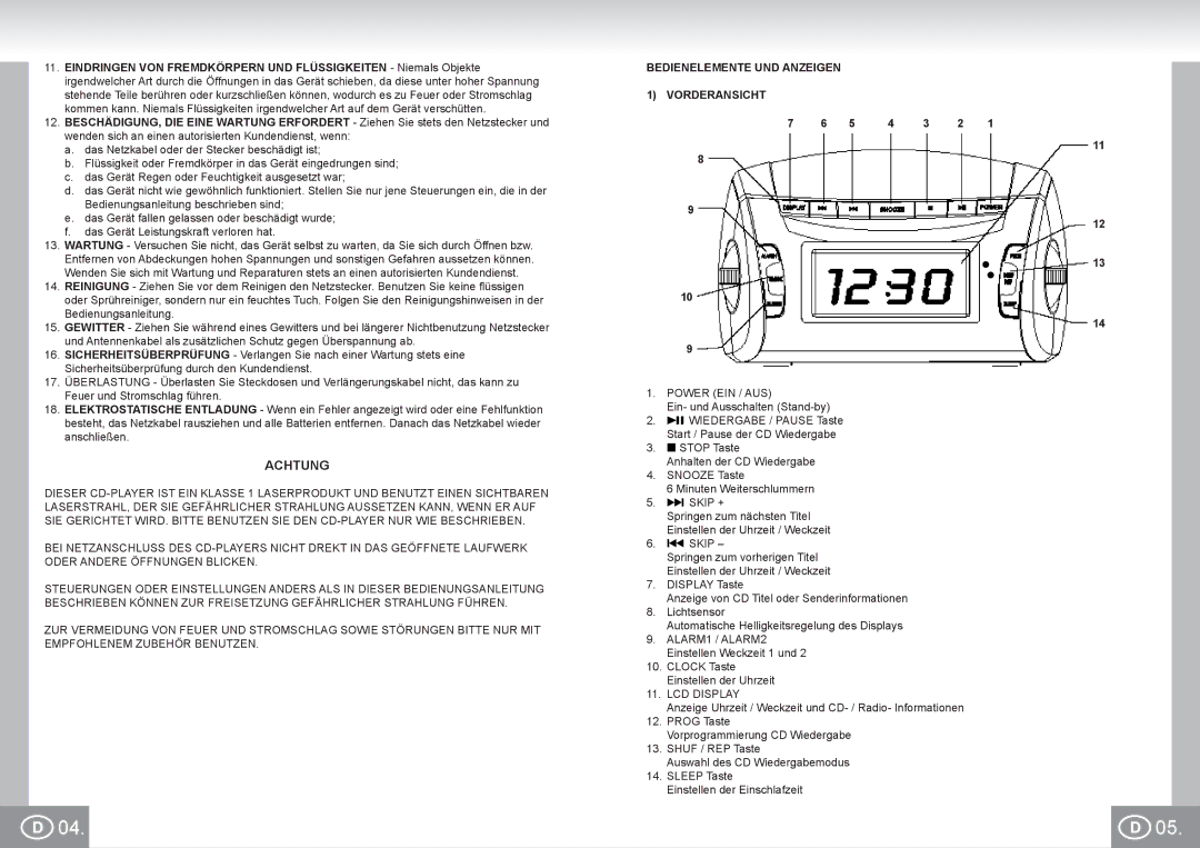 Elta 4574 manual Achtung, Bedienelemente UND Anzeigen 1 Vorderansicht, Power EIN / AUS, LCD Display 