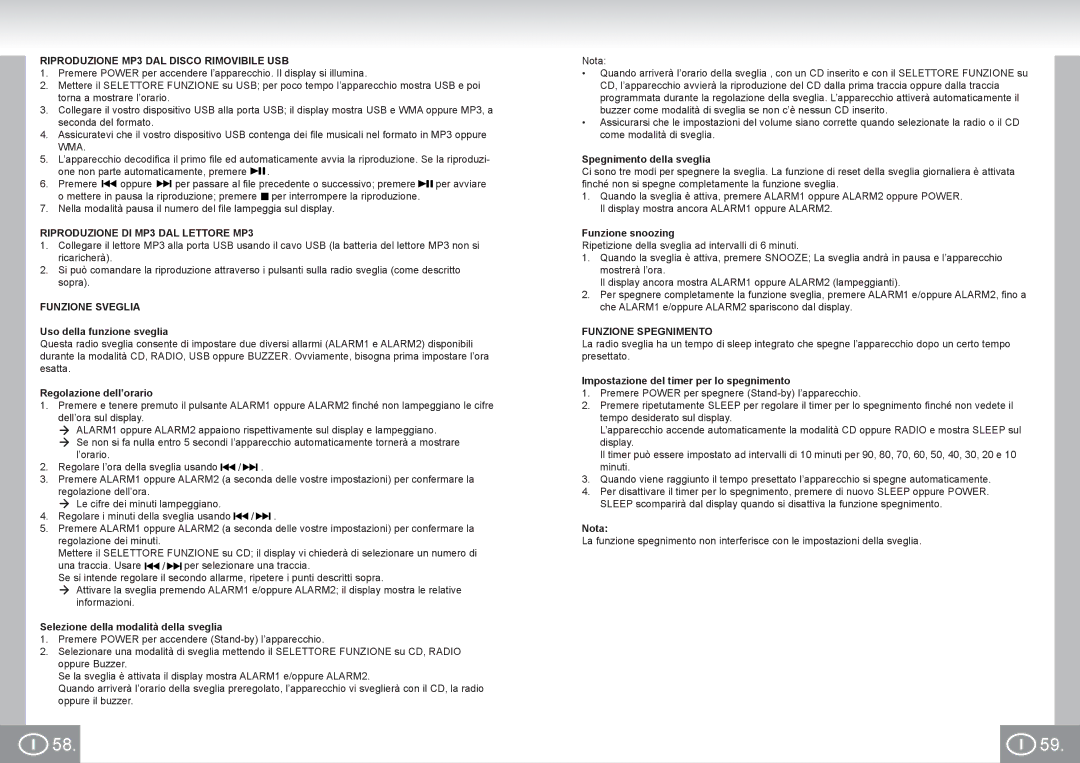 Elta 4574 manual Riproduzione MP3 DAL Disco Rimovibile USB, Riproduzione DI MP3 DAL Lettore MP3, Funzione Sveglia 
