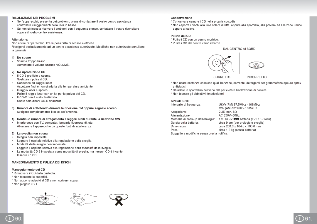 Elta 4574 manual Risoluzione DEI Problemi, Maneggiamento E Pulizia DEI Dischi, Specifiche 