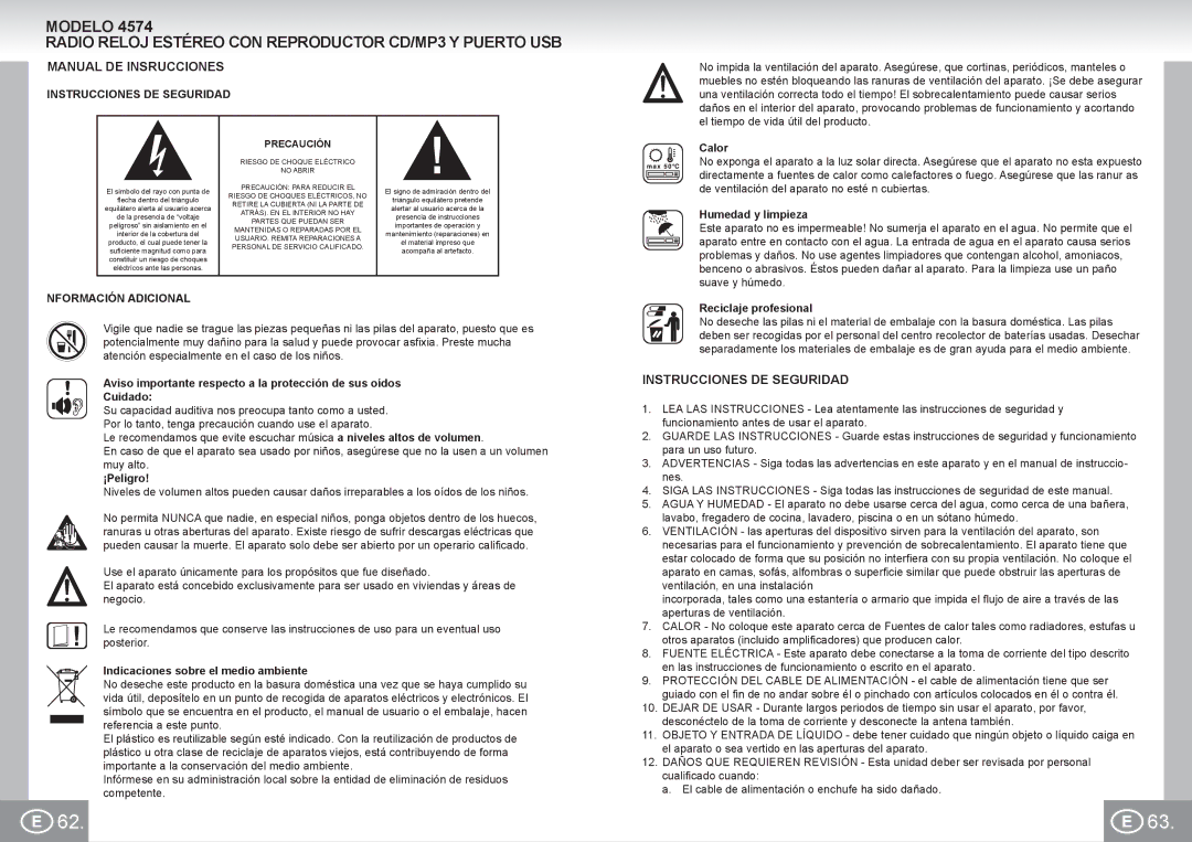 Elta 4574 manual Manual DE Insrucciones, Instrucciones DE Seguridad, Nformación Adicional 