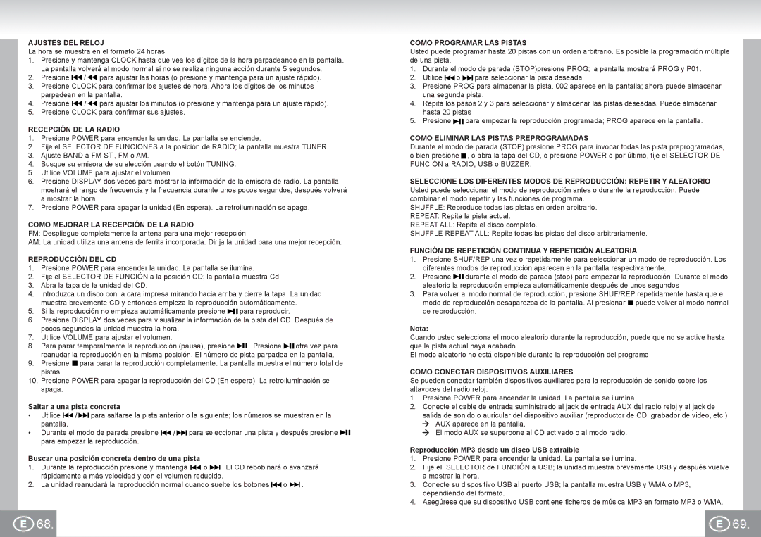 Elta 4574 Ajustes DEL Reloj, Como Mejorar LA Recepción DE LA Radio, Reproducción DEL CD, Como Programar LAS Pistas 