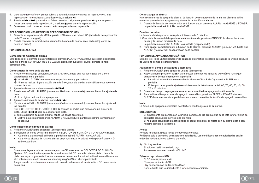 Elta 4574 manual Reproducción MP3 Desde UN Reproductor DE MP3, Función DE Alarma, Función DE Apagado Automático, Soluciones 