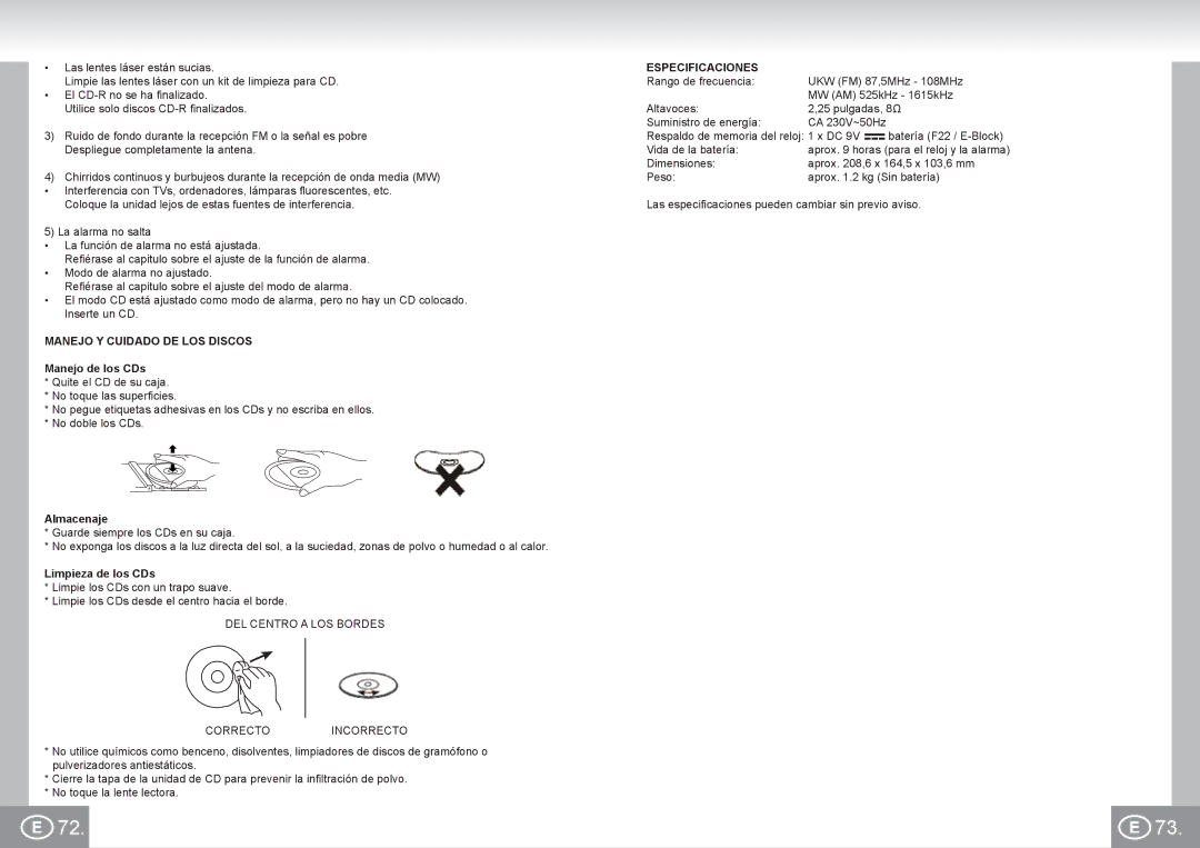 Elta 4574 manual Manejo Y Cuidado DE LOS Discos, Manejo de los CDs, Almacenaje, Limpieza de los CDs, Especificaciones 