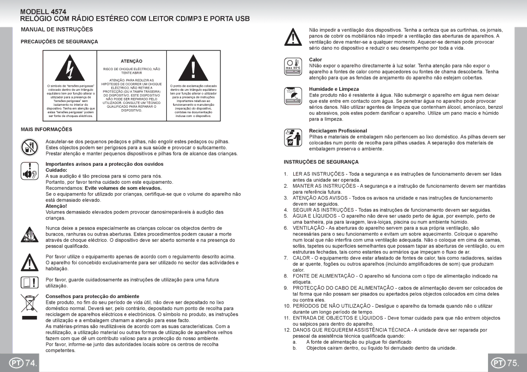 Elta 4574 manual Manual DE Instruções, Precauções DE Segurança, Mais Informações, Instruções DE Segurança 