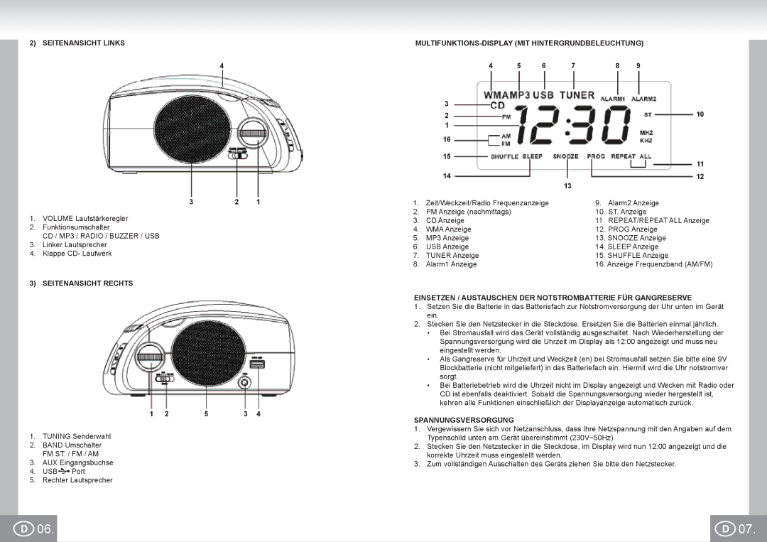 Elta 4574 manual CD / MP3 / Radio / Buzzer / USB, Seitenansicht Rechts, Spannungsversorgung 