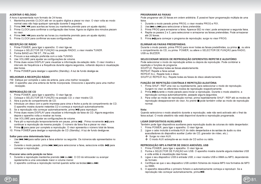 Elta 4574 manual Acertar O Relógio, Recepção DE Rádio, Melhorar a Recepção Rádio, Reprodução DE CD, Programar AS Faixas 