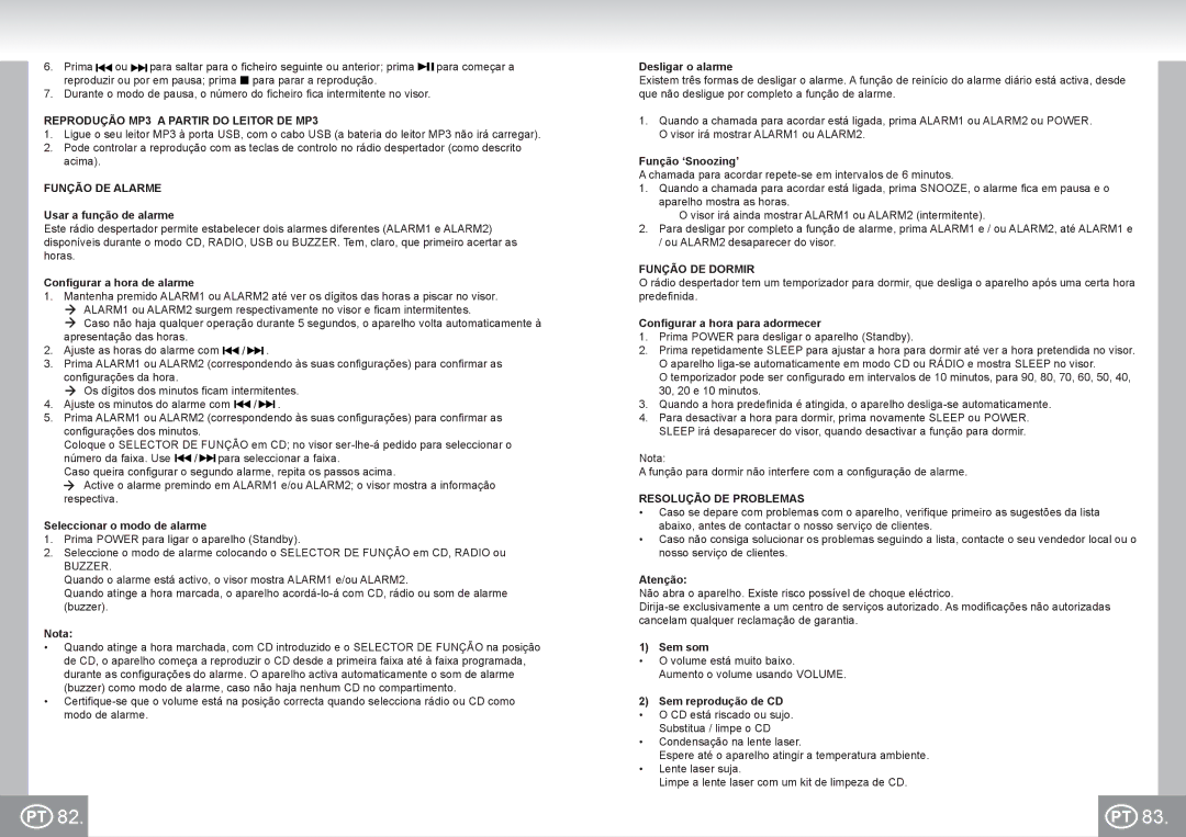 Elta 4574 manual Reprodução MP3 a Partir do Leitor DE MP3, Função DE Alarme, Função DE Dormir, Resolução DE Problemas 