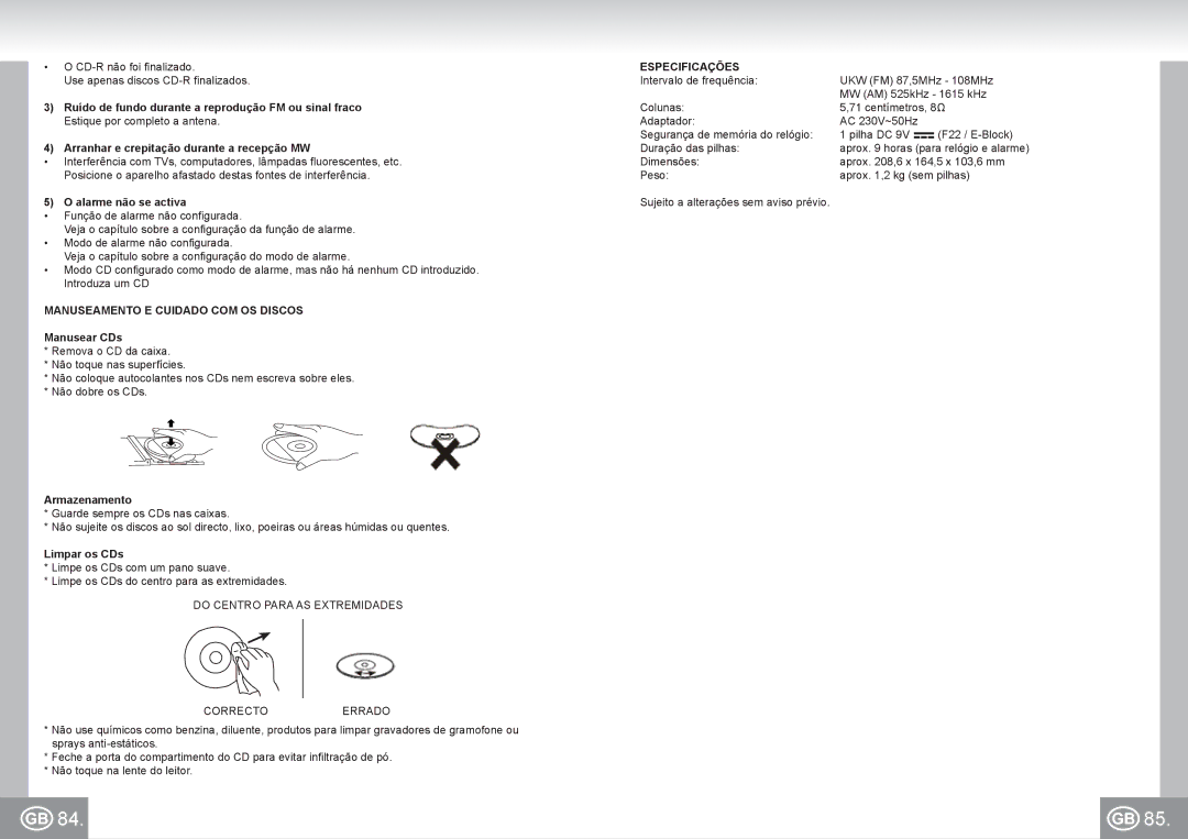 Elta 4574 manual Manuseamento E Cuidado COM OS Discos, Especificações 