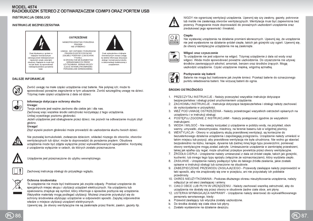 Elta 4574 manual Radiobudzik Stereo Z Odtwarzaczem CD/MP3 Oraz Portem USB, Instrukcja Obsługi, Instrukcje Bezpieczeństwa 