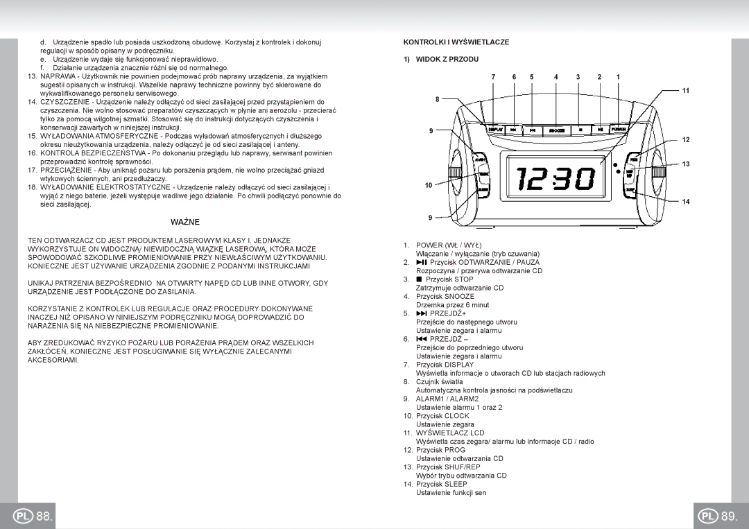 Elta 4574 manual Ważne, Kontrolki I Wyświetlacze 1 Widok Z Przodu, Power WŁ / WYŁ, Przejdź+, 11. Wyświetlacz LCD 