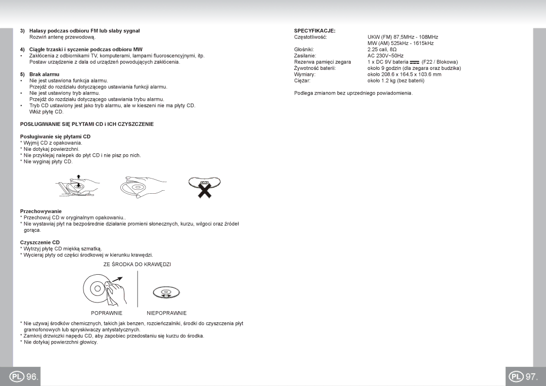 Elta 4574 manual Brak alarmu, Przechowywanie, Czyszczenie CD, ZE Środka do Krawędzi Poprawnie Niepoprawnie, Specyfikacje 