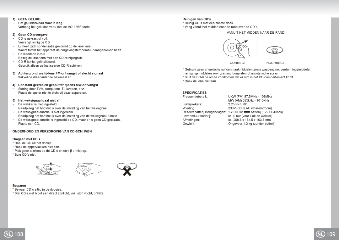 Elta 4574 manual Geen Geluid, Onderhoud EN Verzorging VAN CD-SCHIJVEN, Specificaties 