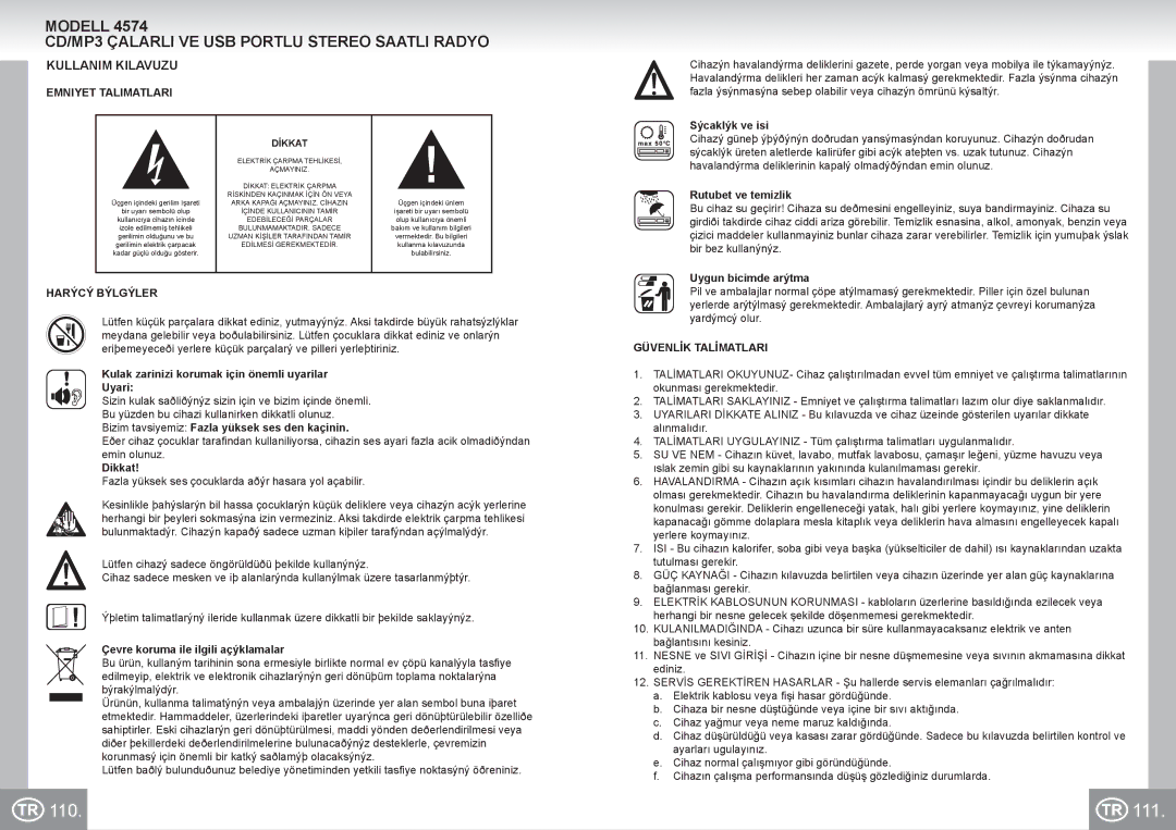 Elta 4574 manual 111, Modell CD/MP3 Çalarli VE USB Portlu Stereo Saatli Radyo, Kullanim Kilavuzu 