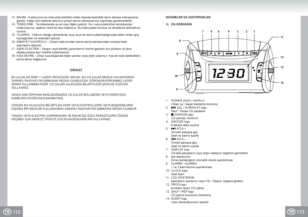 Elta 4574 manual 113, Dİkkat, Düğmeler VE Göstergeler 1 ÖN Görünüm, Power Açik / Kapali, LCD Gösterge 