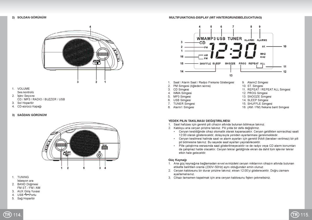 Elta 4574 manual 115, Sağdan Görünüm, Yedek Pilin TAKILMASI/ Değiştirilmesi, Güç Kaynağı 