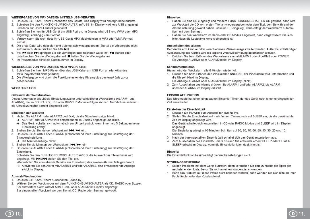 Elta 4574 manual Wiedergabe VON MP3 Dateien Mittels USB-GERÄTEN, Wiedergabe VON MP3 Dateien VOM MP3-PLAYER, Weckfunktion 