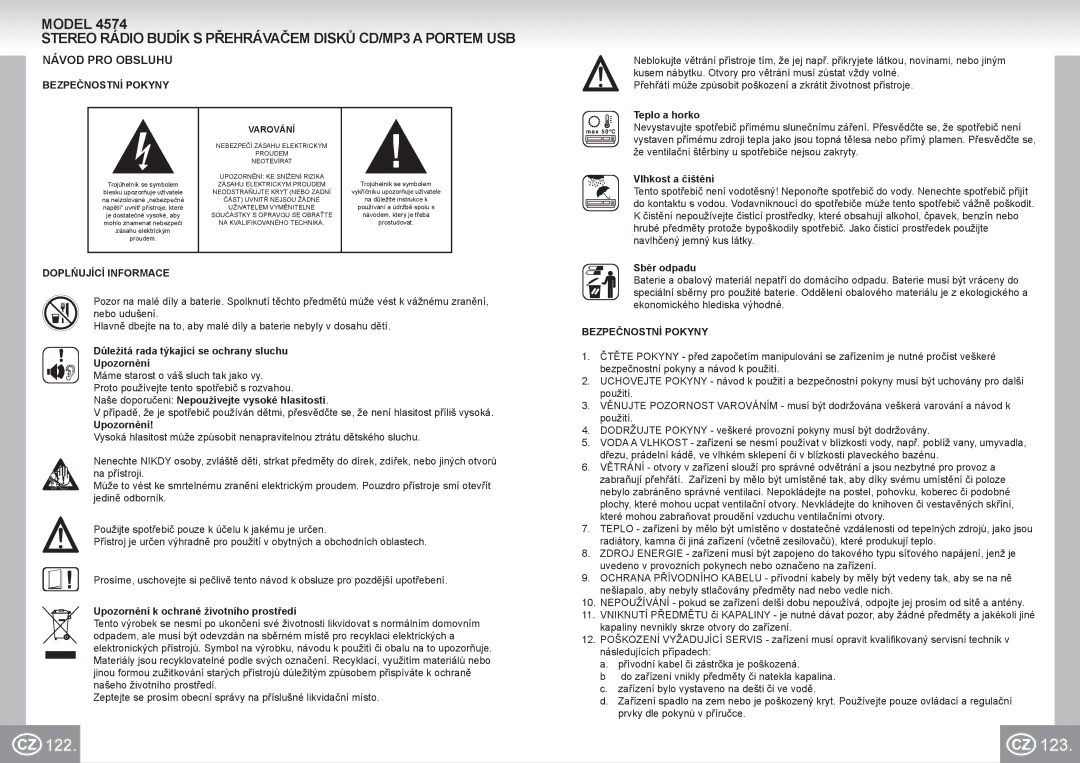 Elta 4574 manual 123, Stereo Rádio Budík S Přehrávačem Disků CD/MP3 a Portem USB, Návod PRO Obsluhu, Bezpečnostní Pokyny 