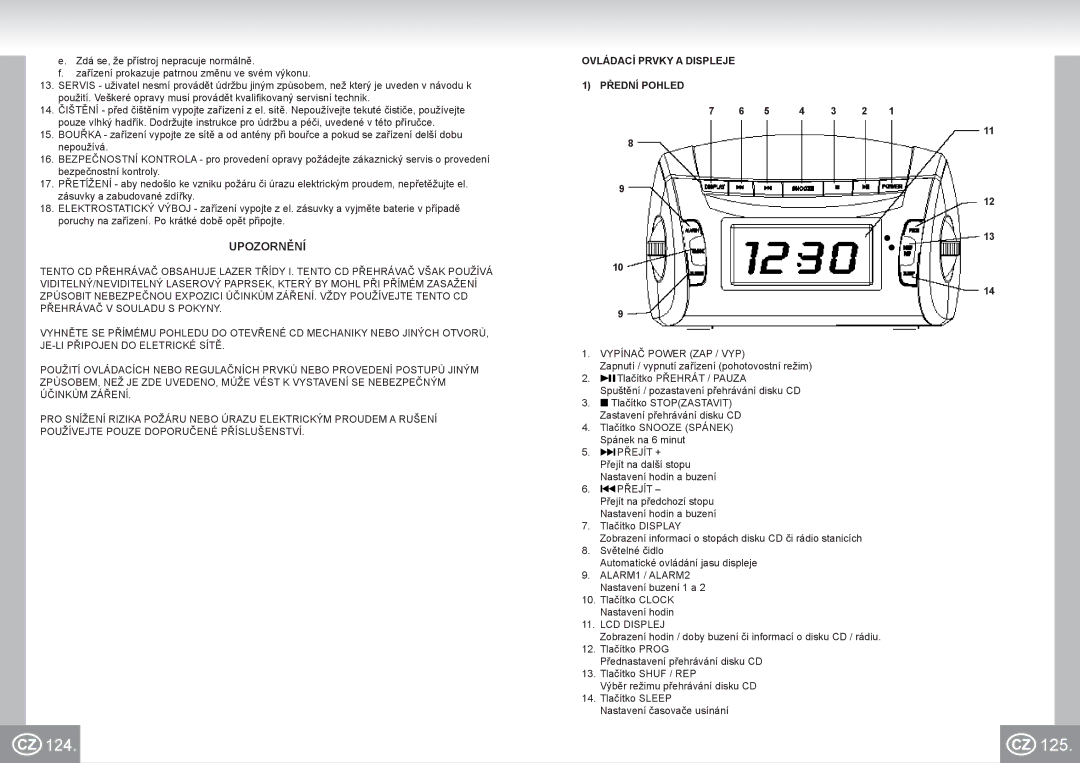 Elta 4574 manual 125, Upozornění, Ovládací Prvky a Displeje 1 Přední Pohled, Vypínač Power ZAP / VYP, LCD Displej 