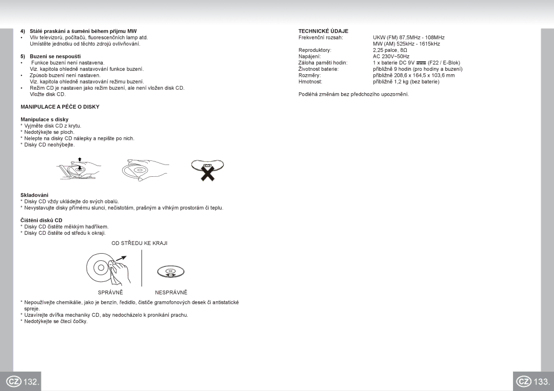 Elta 4574 manual 133, Technické Údaje, Manipulace a Péče O Disky 