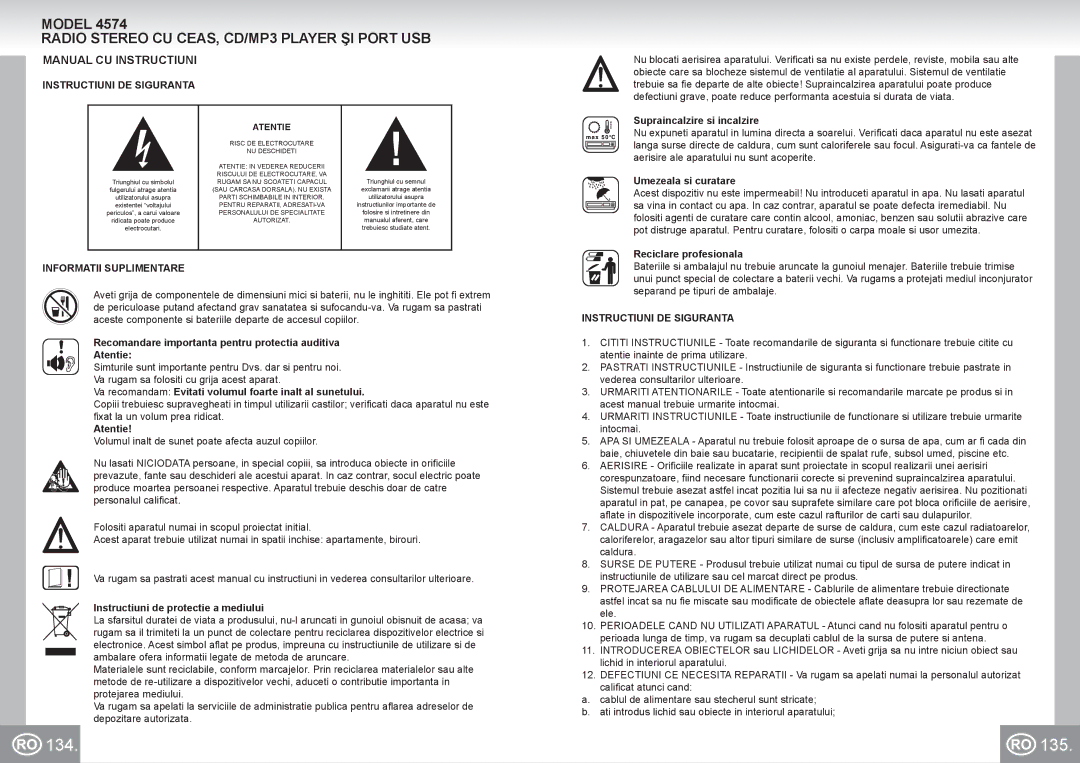 Elta 4574 134 135, Radio Stereo CU CEAS, CD/MP3 Player ŞI Port USB, Manual CU Instructiuni, Instructiuni DE Siguranta 