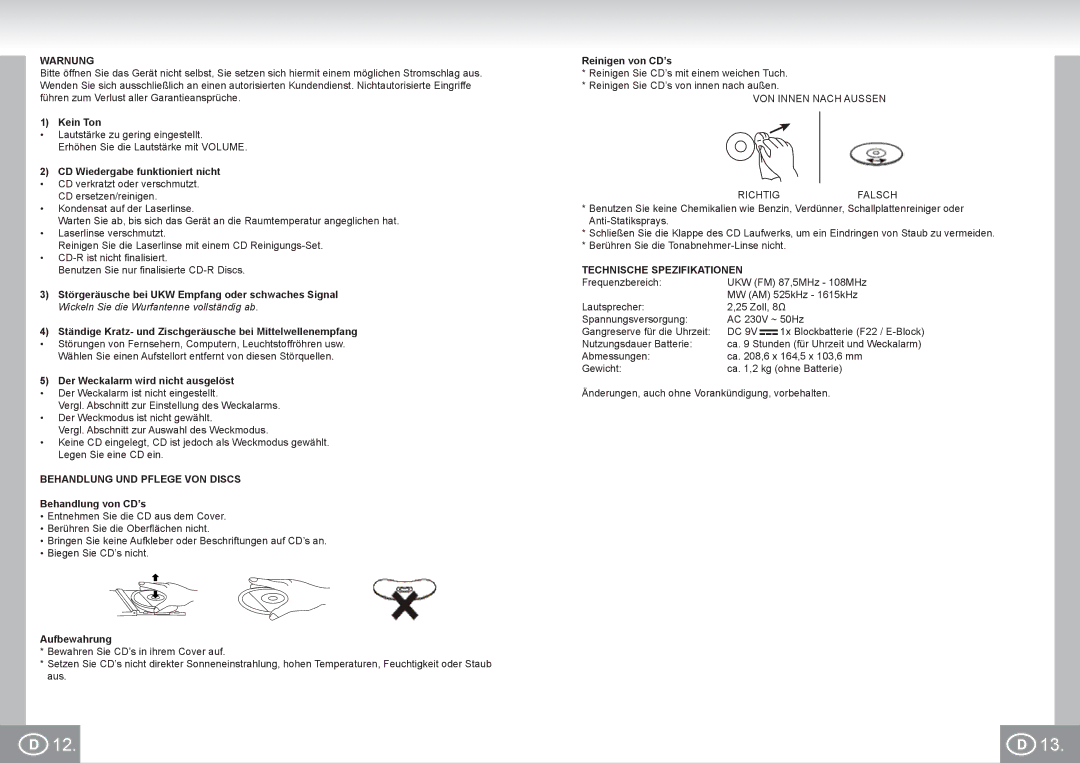 Elta 4574 manual Warnung, Behandlung UND Pflege VON Discs, Technische Spezifikationen 