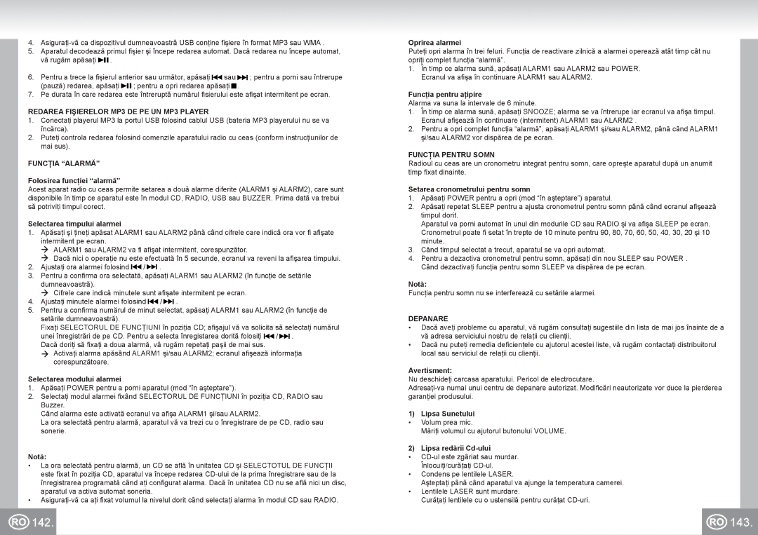 Elta 4574 manual 143, Redarea Fişierelor MP3 DE PE UN MP3 Player, Funcţia Alarmă, Funcţia Pentru Somn, Depanare 
