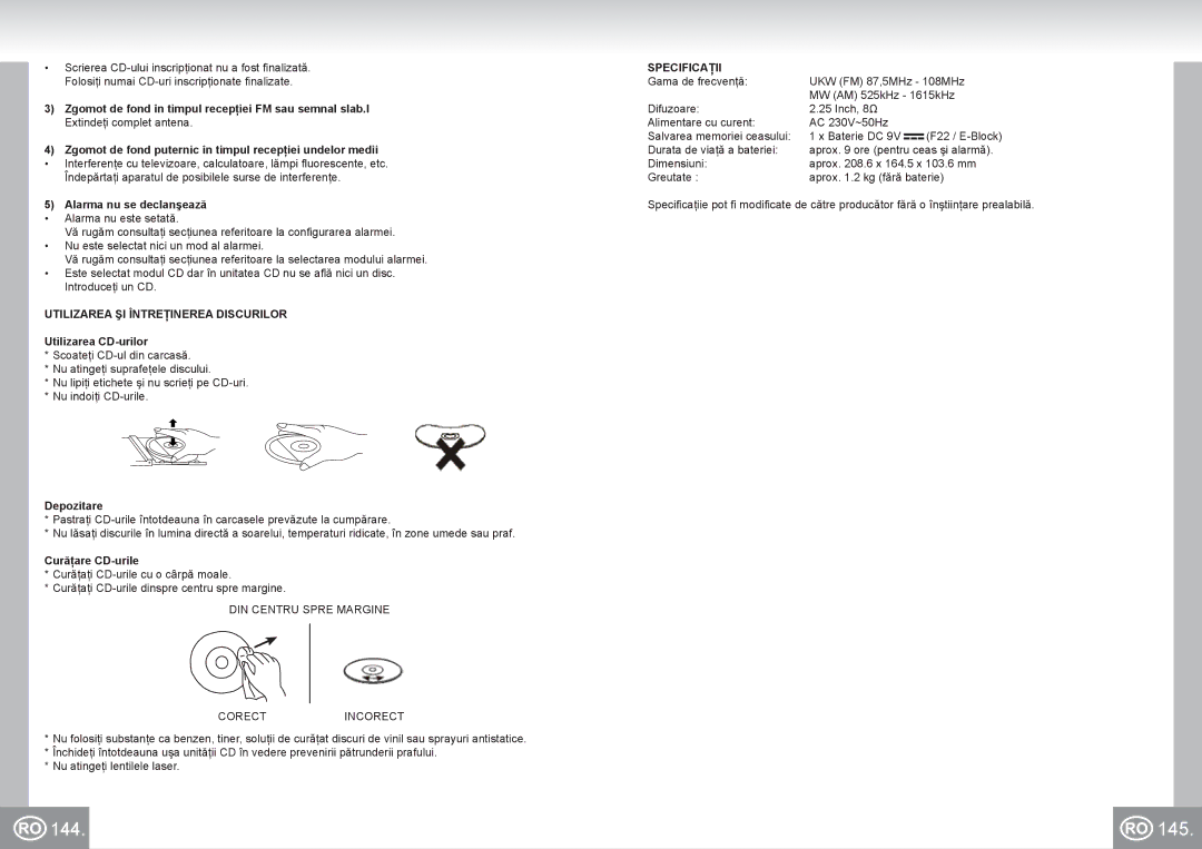 Elta 4574 manual 145, Utilizarea ŞI Întreţinerea Discurilor, Specificaţii 