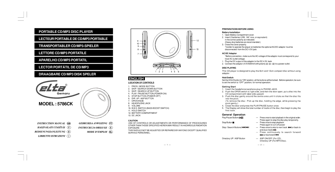 Elta 5786CK manual English, General Operation, Location of Controls, Preparations Before Using, Disc Playing 