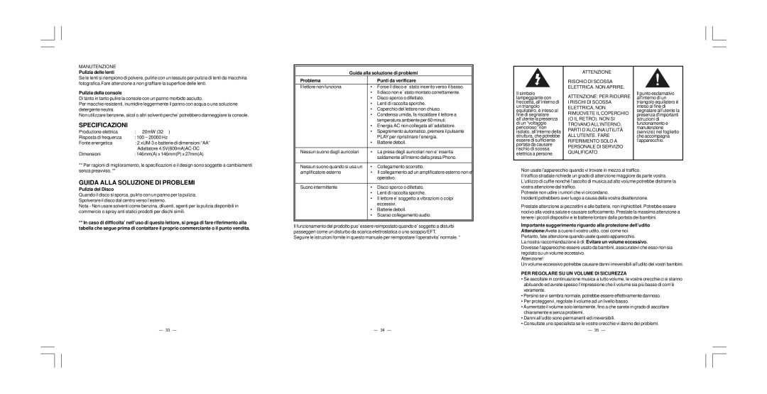 Elta 5786CK manual Specificazioni, Guida Alla Soluzione DI Problemi, PER Regolare SU UN Volume DI Sicurezza 