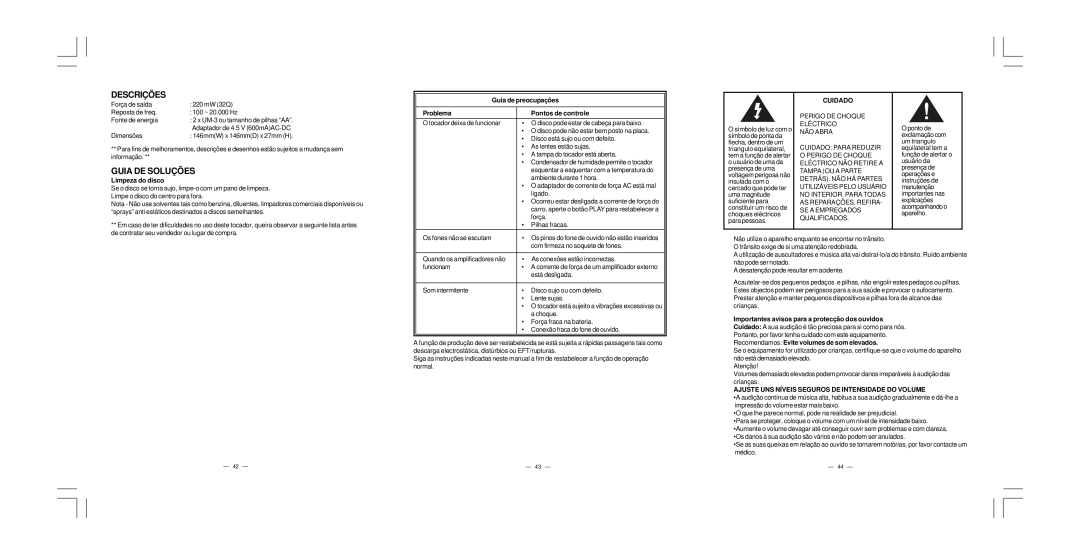 Elta 5786CK manual Descrições, Guia DE Soluções, Cuidado, Ajuste UNS Níveis Seguros DE Intensidade do Volume 