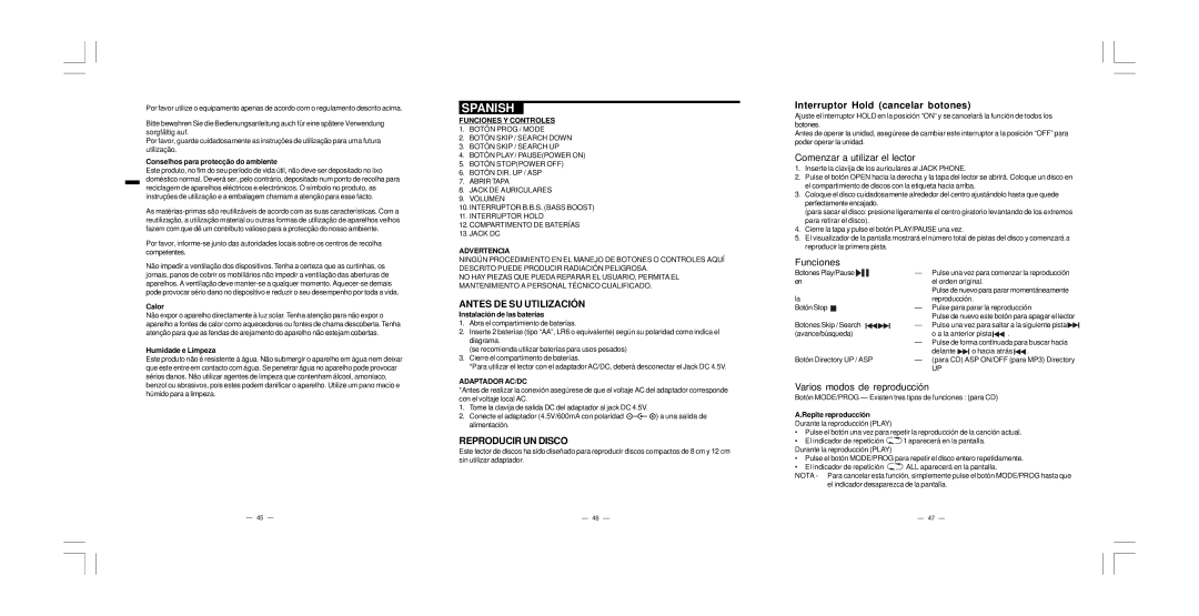 Elta 5786CK manual Spanish, Interruptor Hold cancelar botones, Antes DE SU Utilización, Reproducir UN Disco 