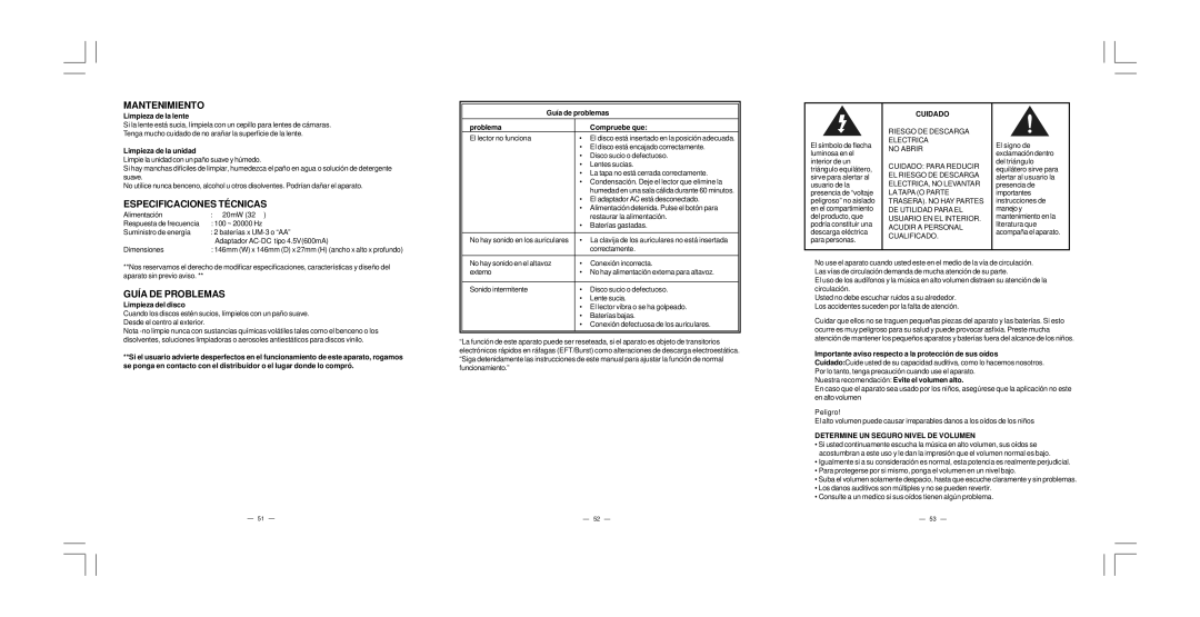 Elta 5786CK manual Mantenimiento, Especificaciones Técnicas, Guía DE Problemas, Determine UN Seguro Nivel DE Volumen 