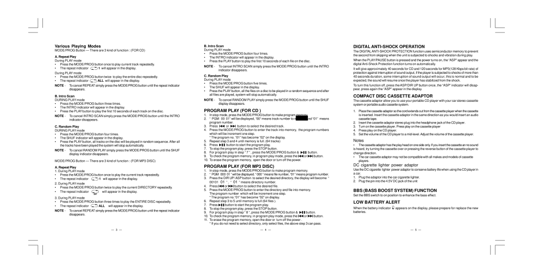 Elta 5786CK Program Play for CD, Program Play for MP3 Disc, Digital ANTI-SHOCK Operation, Compact Disc Cassette Adaptor 