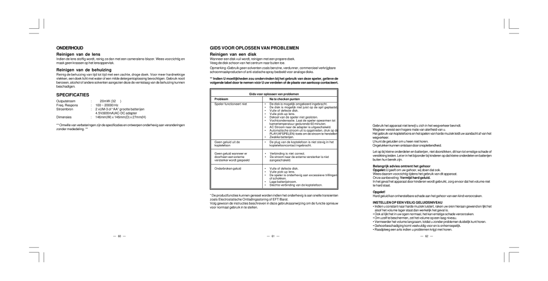 Elta 5786CK manual Onderhoud, Specificaties, Gids Voor Oplossen VAN Problemen 