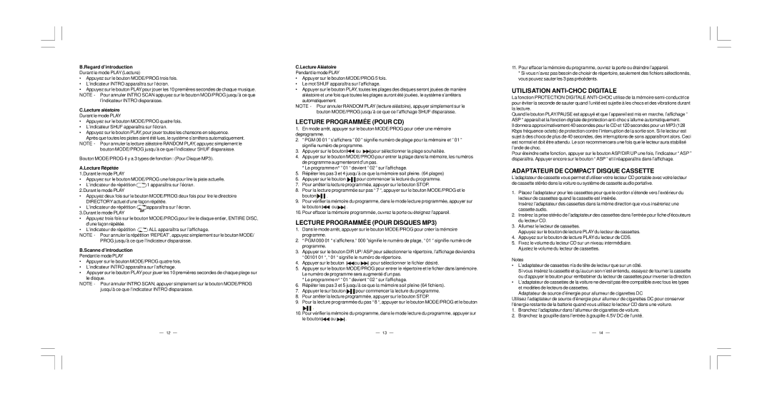 Elta 5786CK manual Lecture Programmée Pour CD, Lecture Programmée Pour Disques MP3, Utilisation ANTI-CHOC Digitale 