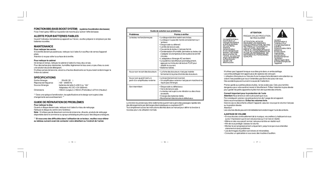 Elta 5786CK manual Alerte Pour Batteries Faibles, Spécifications, Guide DE Réparation DE Problèmes, Ajustage DE Volume 