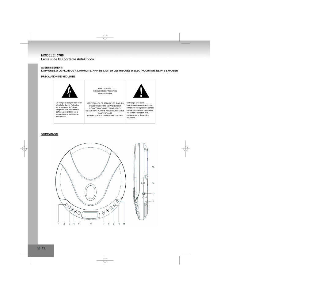 Elta 5788 manual Modele Lecteur de CD portable Anti-Chocs, Commandes, Avertissement Risque D’ELECTROCUTION NE PAS Ouvrir 