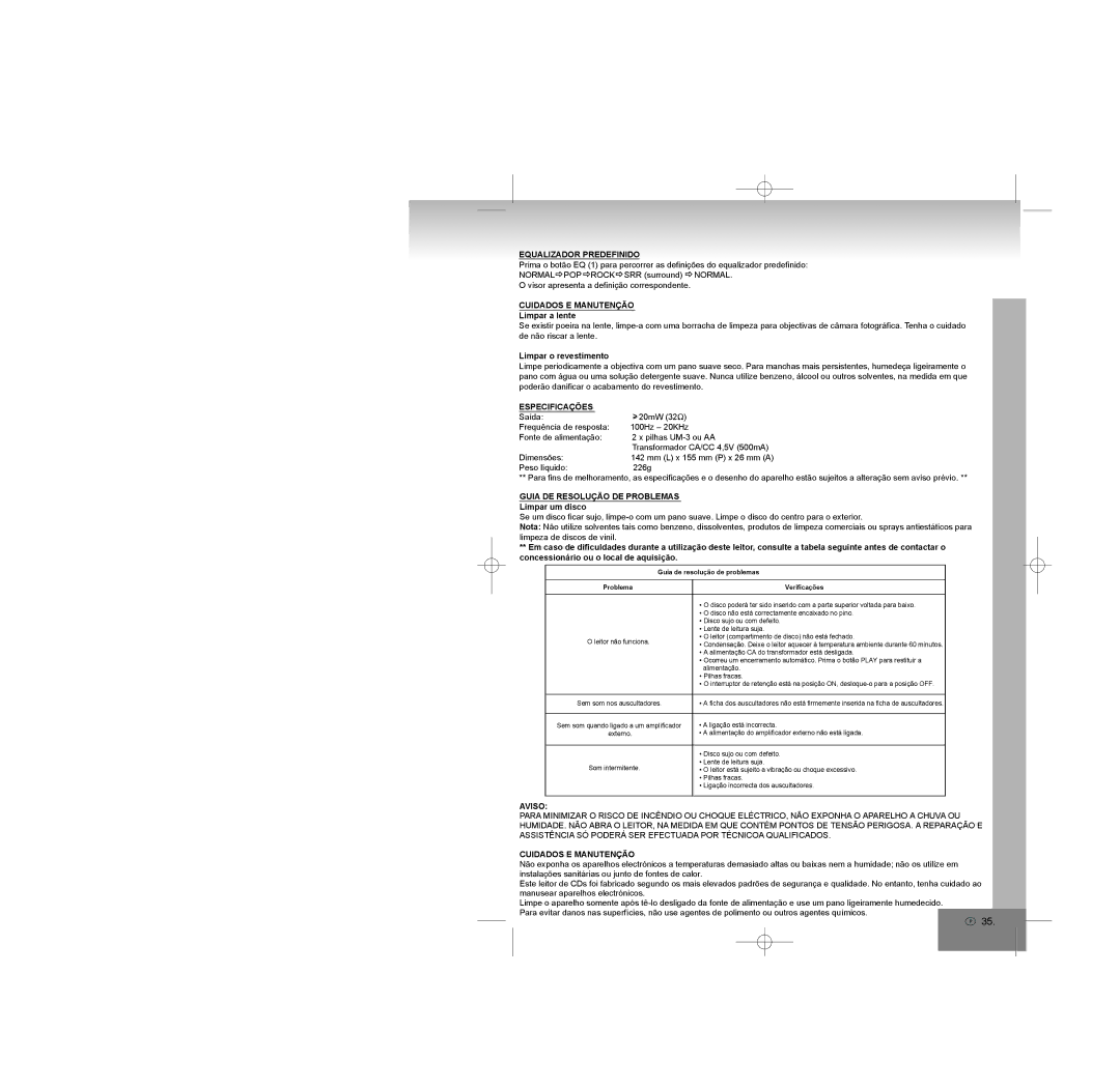 Elta 5788 manual Equalizador Predefinido, Cuidados E Manutenção, Especificações, Guia DE Resolução DE Problemas 