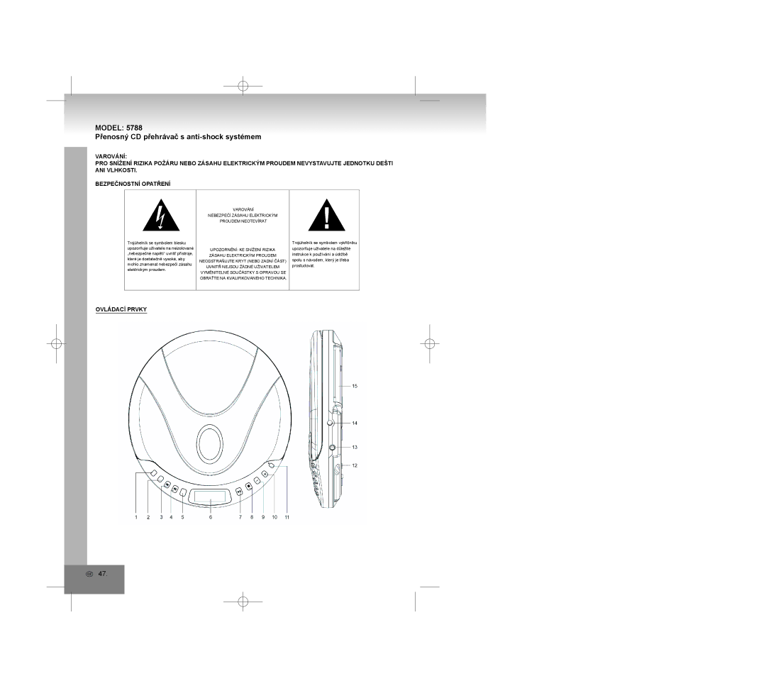 Elta 5788 manual Model Přenosný CD přehrávač s anti-shock systémem, Ovládací Prvky 