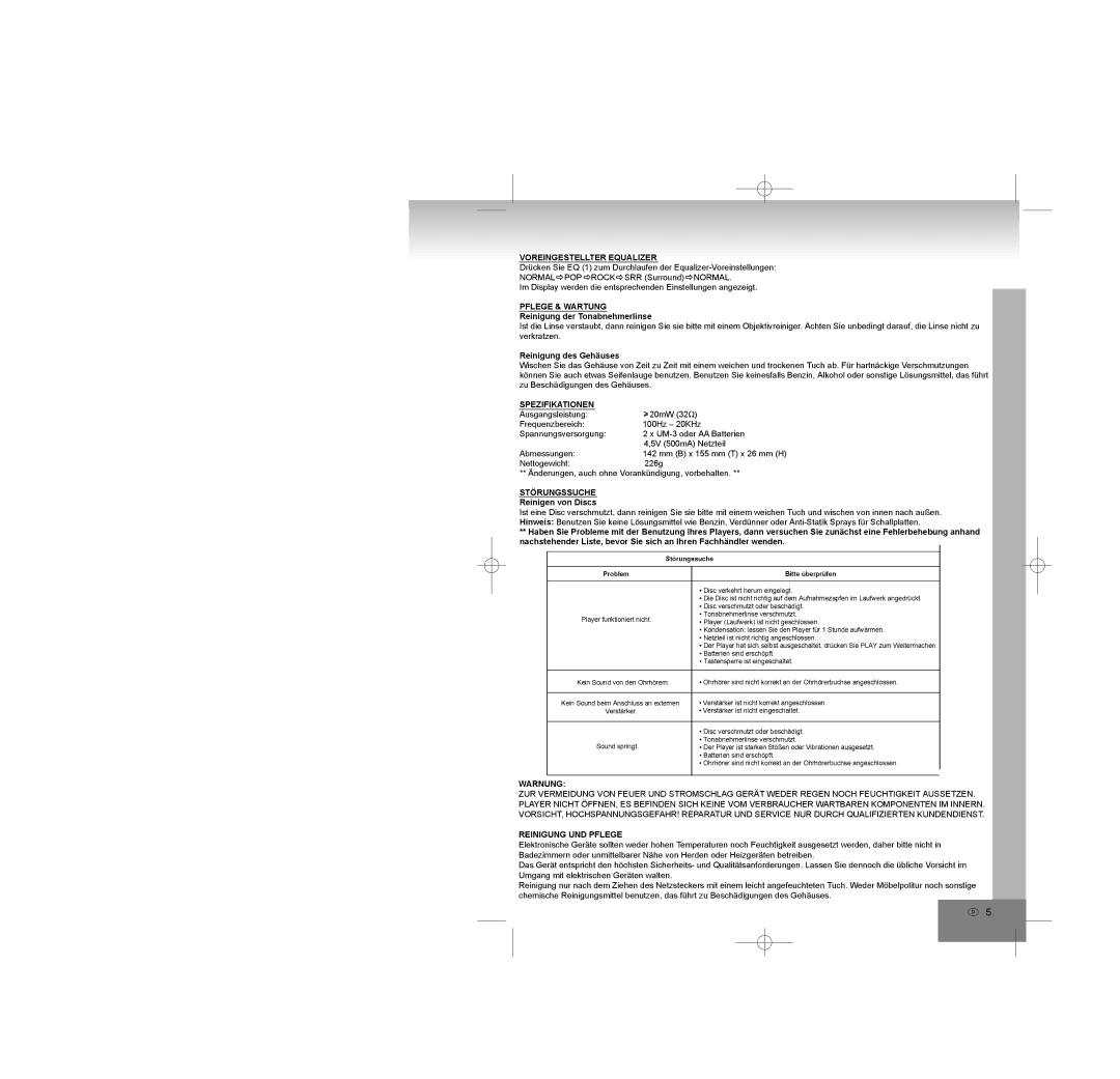 Elta 5788 manual Voreingestellter Equalizer, Pflege & Wartung, Spezifikationen, Störungssuche, Reinigung UND Pflege 