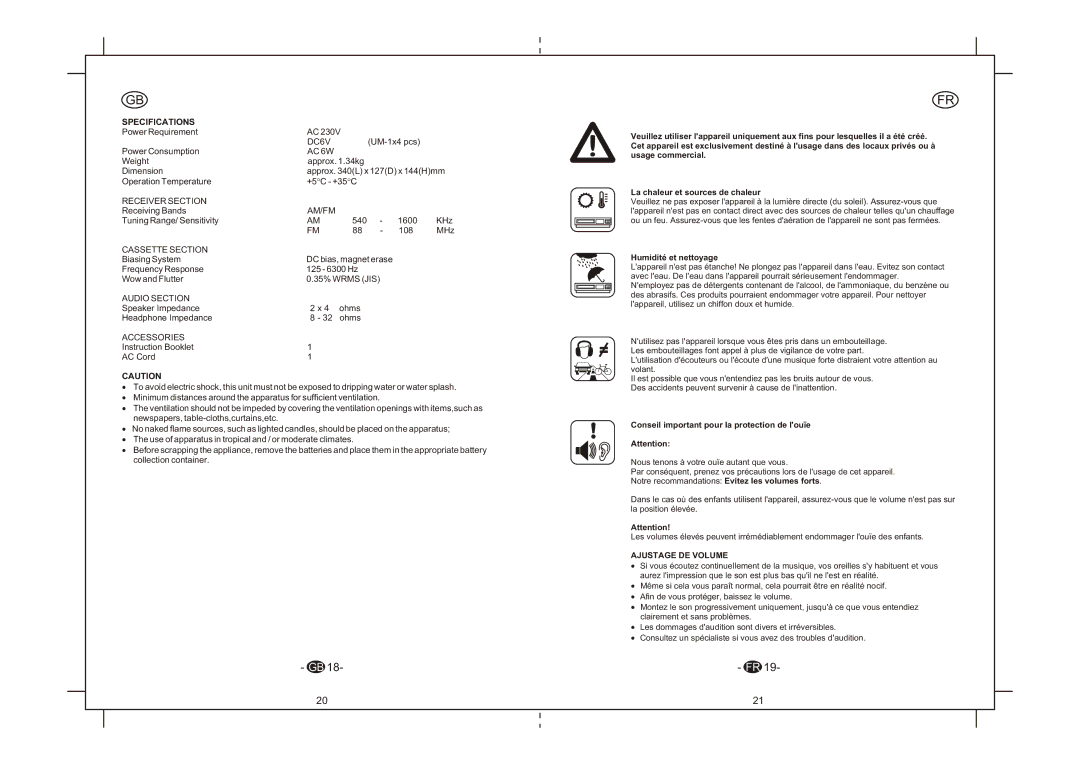 Elta 6264N Specifications, Humidité et nettoyage, Conseil important pour la protection de louïe, Ajustage DE Volume 