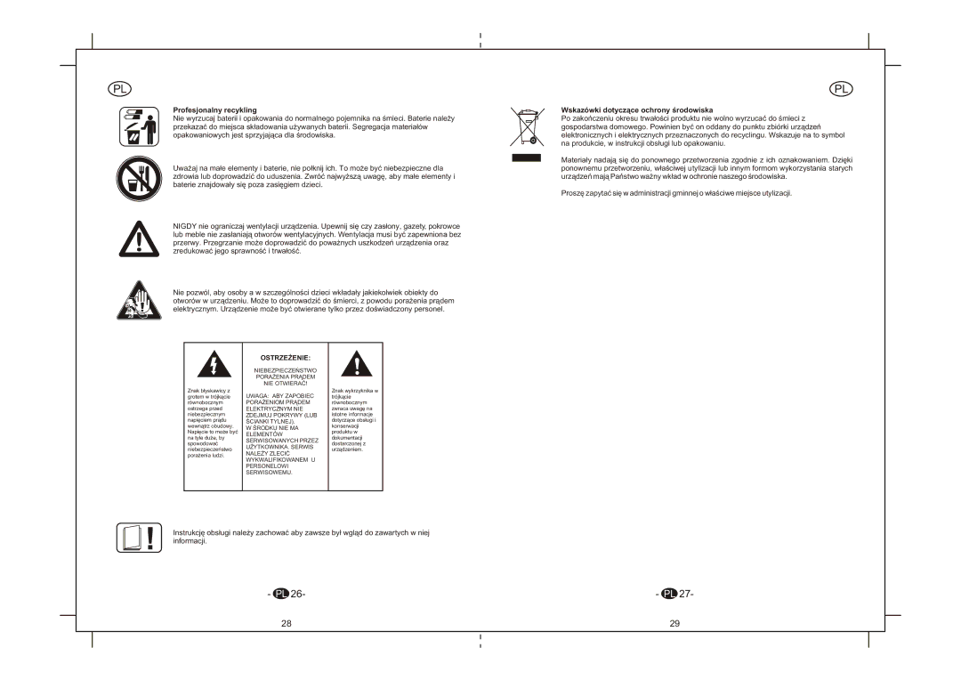 Elta 6264N instruction manual Profesjonalny recykling, Wskazówki dotycz¹ce ochrony œrodowiska, Ostrze¯Enie 