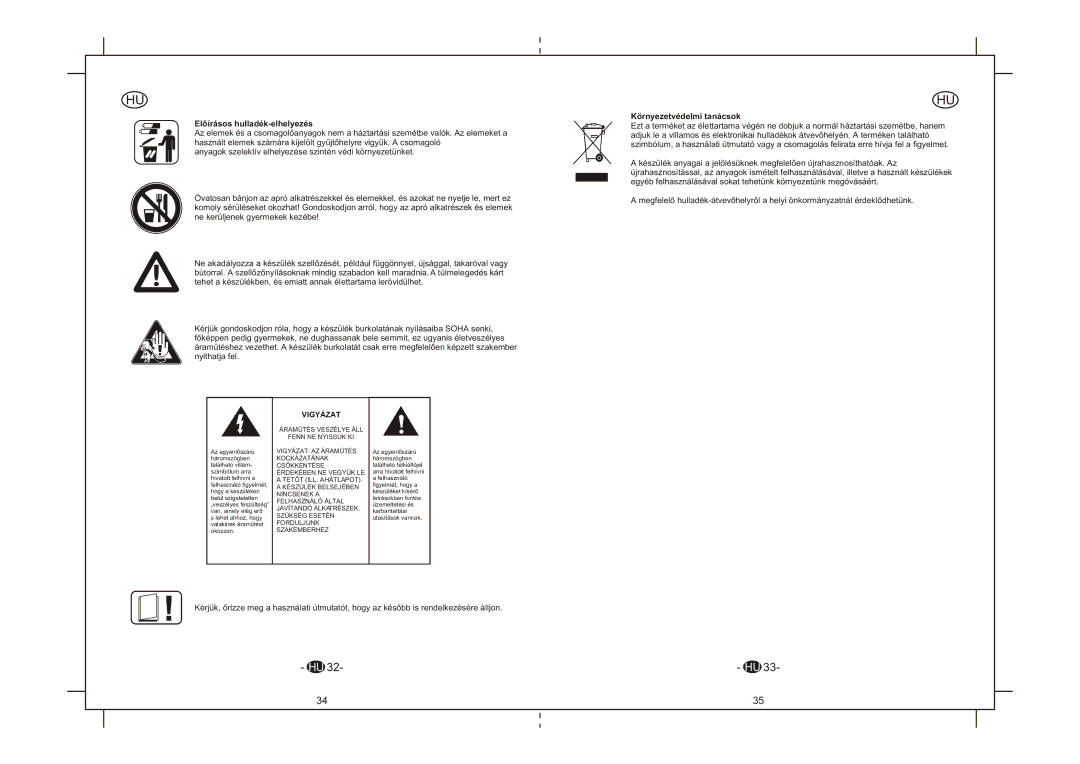 Elta 6264N instruction manual Elõírásos hulladék-elhelyezés, Környezetvédelmi tanácsok, Vigyázat, Tetõt ILL. Ahátlapot 