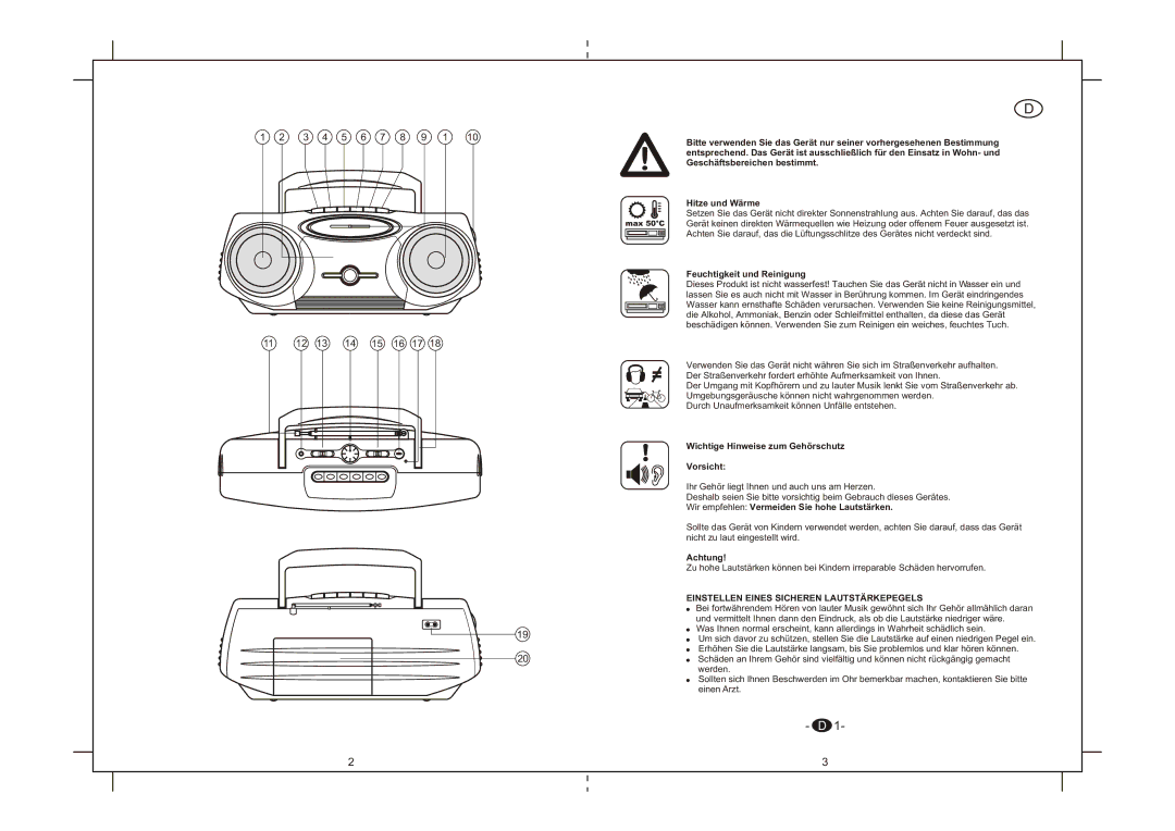 Elta 6264N instruction manual Feuchtigkeit und Reinigung, Wichtige Hinweise zum Gehörschutz Vorsicht, Achtung 