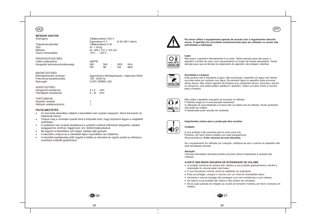 Elta 6264N instruction manual Mûszaki Adatok, Figyelmeztetés, Ajuste UNS Níveis Seguros DE Intensidade do Volume 