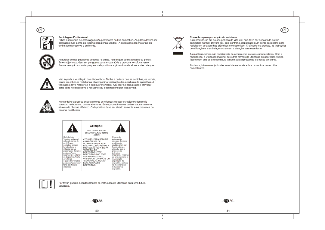 Elta 6264N instruction manual Reciclagem Profissional, Conselhos para protecção do ambiente, Atenção 